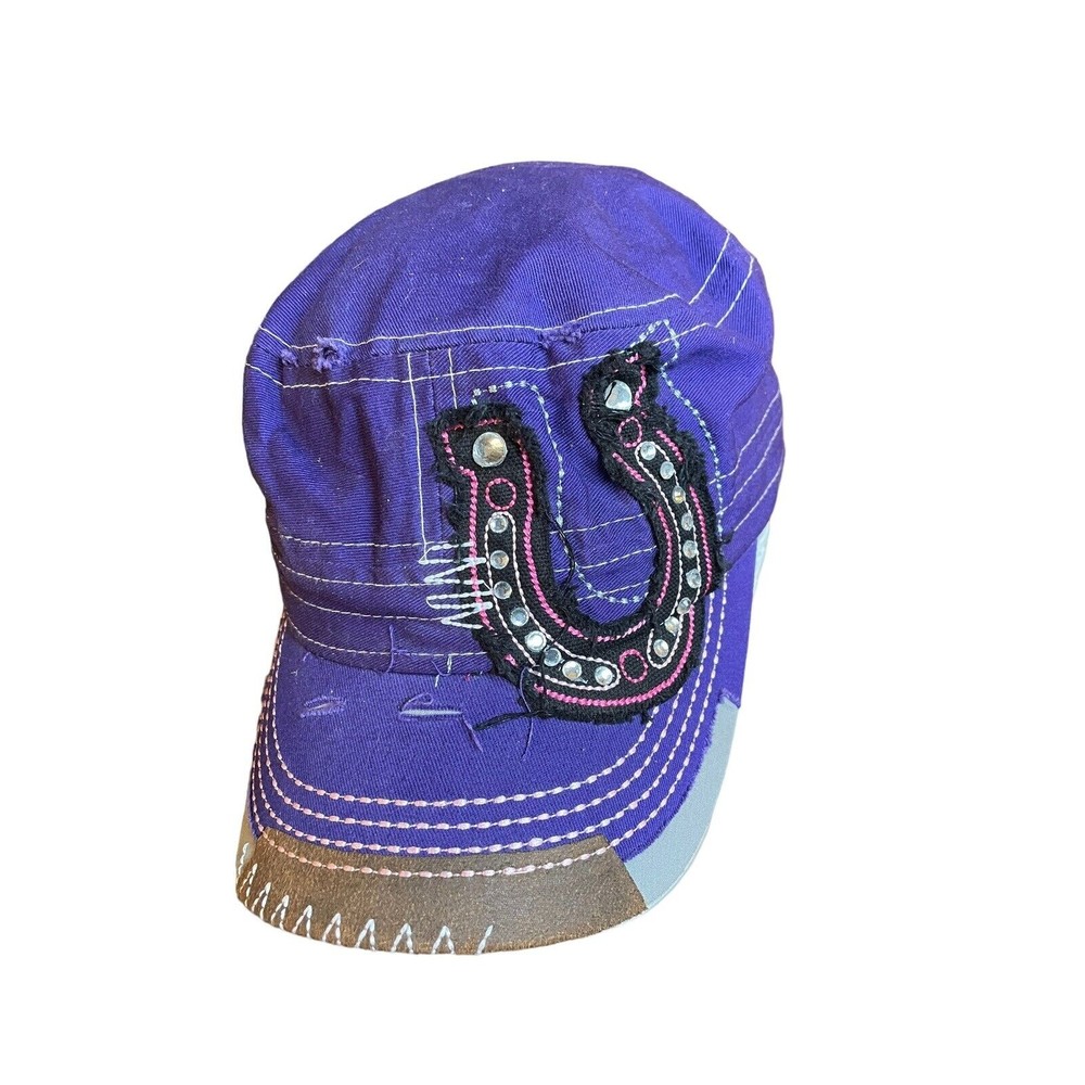 Leader Rhinestone Horseshoe baseball cap purple cowgirl western style distressed